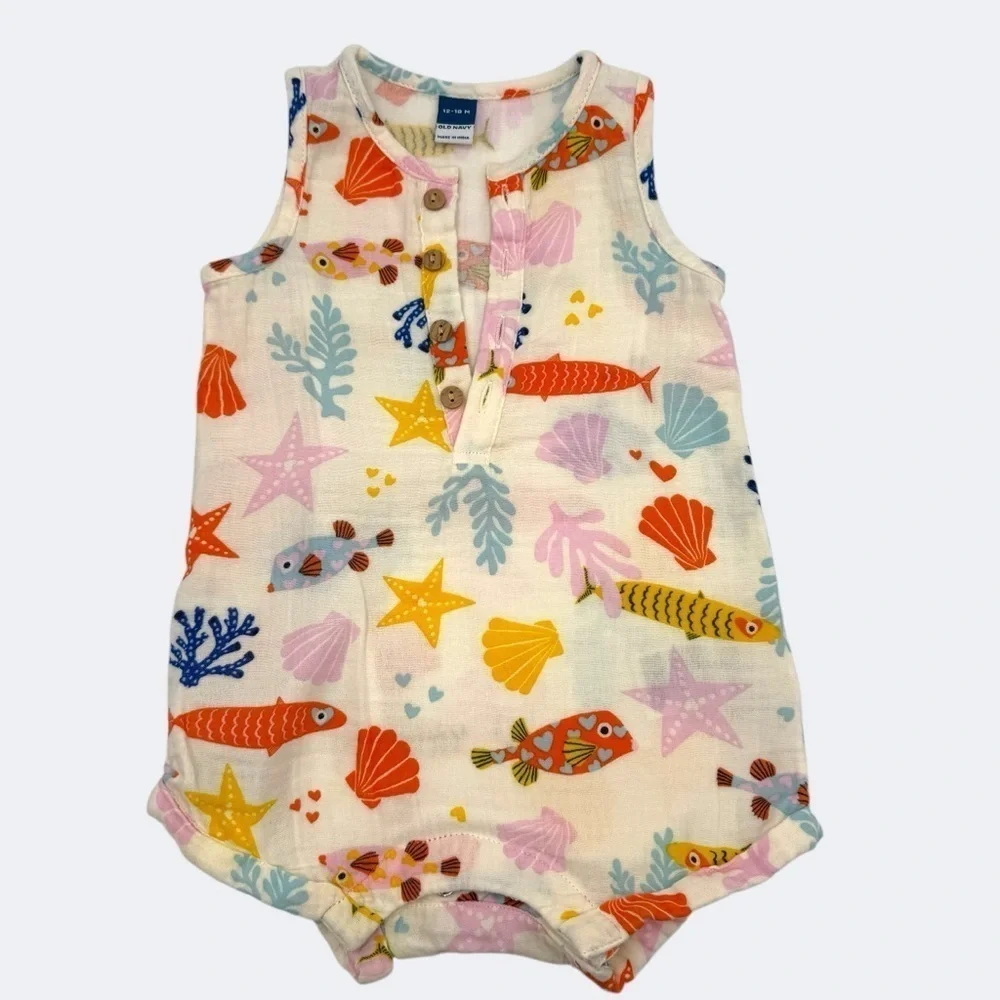Old Navy Unisex Printed Henley Baby Romper Colorful Fish and Starfish 12-18